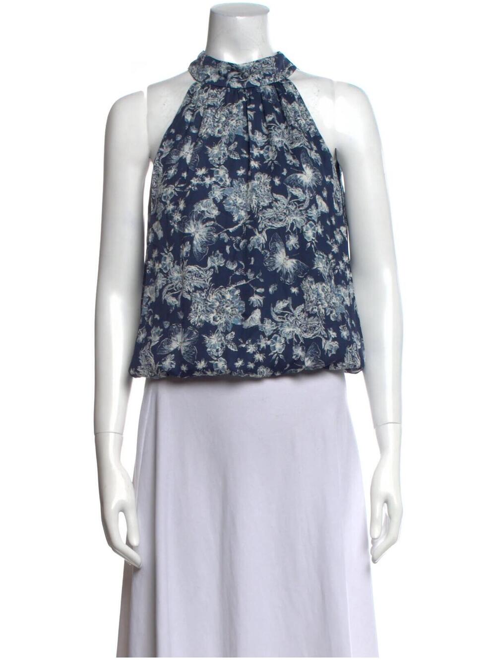 NWT Alice + Olivia Silk Halter Top Floral Navy Tie Neck Size Large